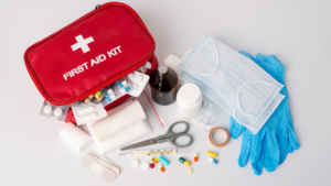 Full first aid kit on white background.